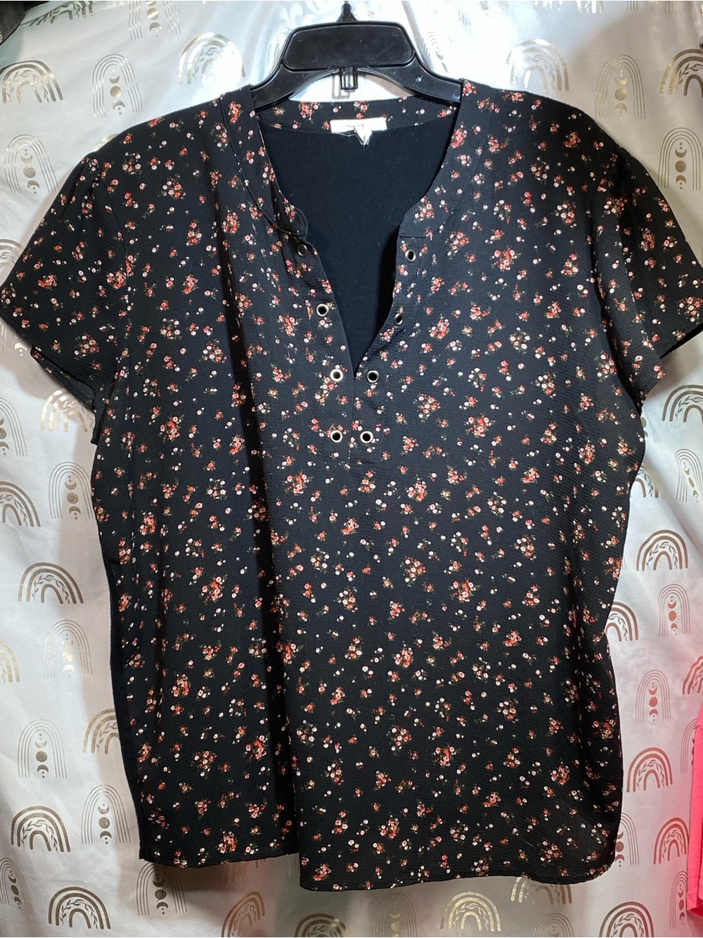 Maurices Black Short-Sleeve Floral V-Neck Top with Grommets